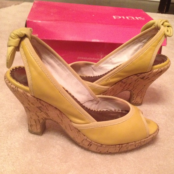 DONATED. Yellow leather Pink Studio cork heels - Picture 2 of 3