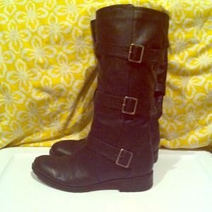 Black leather below-the-knee boots