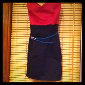 Strapless dress with teal skinny belt