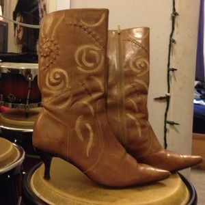 Tan leather calf length boots