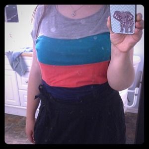 Grey/teal/orange/navy color block top