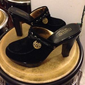 Coach patent leather and suede clog mules