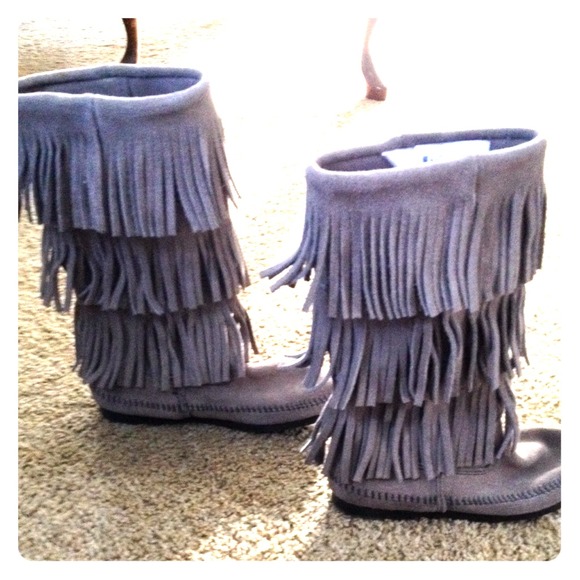 Grey Minnetonka Three Layer Fringe Boots