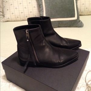 Black leather bootie flat. All Saints. Size 6.