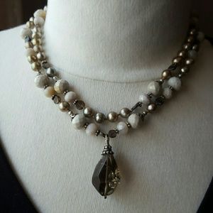 Artist Necklace. Hand crafted Smokey topaz, pearls