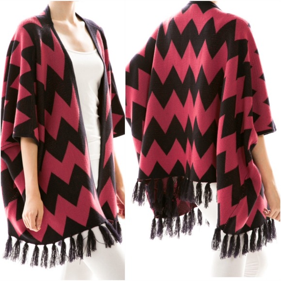 Chevron Knitted fringe cardigan in coral black
