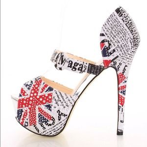 White Union Jack Newsprint Rhinestone Heels