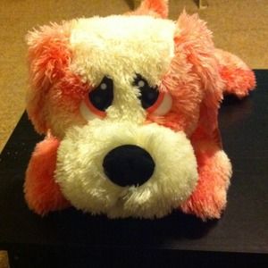 Big pink & white stuffed puppy.