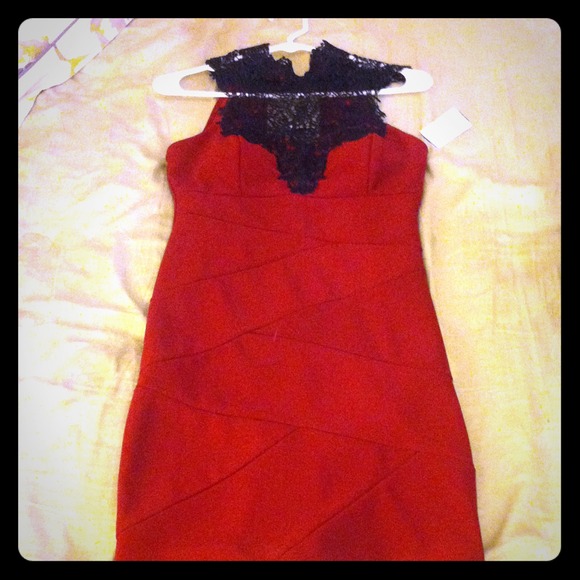 NWT Burgundy bandage dress with lace neckline