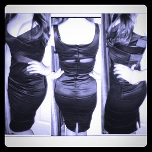 BEBE black satin mesh see through inset dress