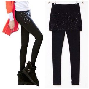 Rhinestone one piece skirt leggings combo - black