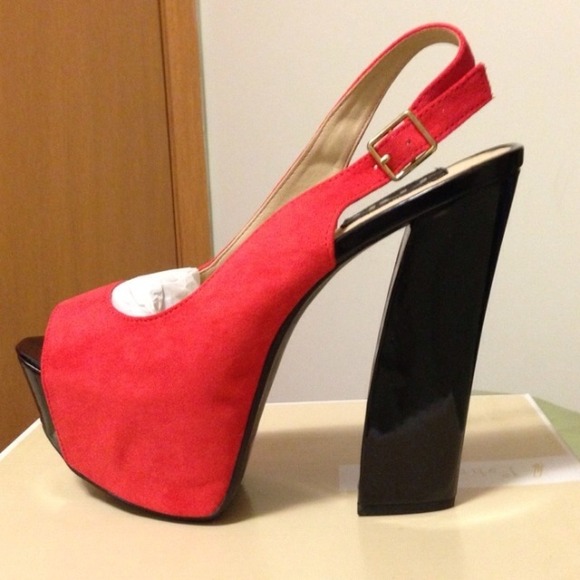 Red/Black Color Block Chunky Heels