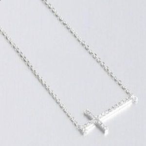 Delicate silver Sideways Cross Necklace rhinestone