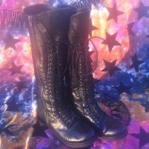 Knee High Black Leather Combat Boots