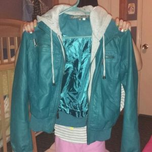 turquiose leather jacket with hood