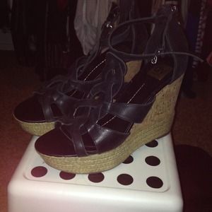 Black and cork wedge heels