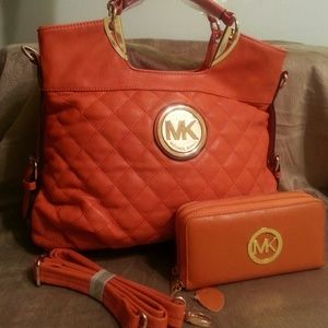 Orange leather MK handbag and wallet