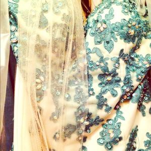 Size 10 blue off white prom dress and size 6 heels