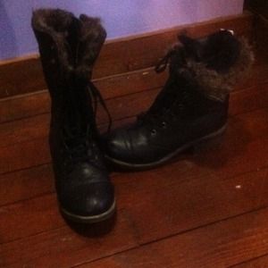 Black, zip up/tie, faux fur Moto Boots