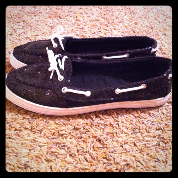 Twisted Black Sequin Boat Shoes