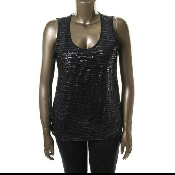 NWT-XL-Anne Klein Navy Sleeveless Sequined Blouse - Picture 1 of 1