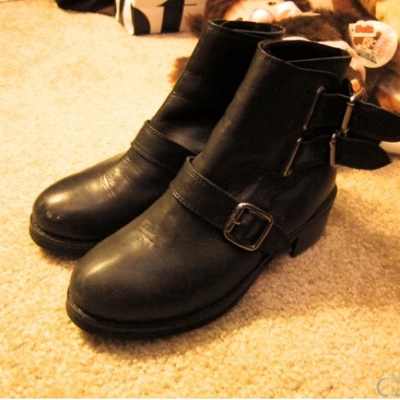 Topshop black leather strap boots
