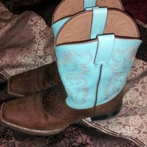 Turquoise and brown boots