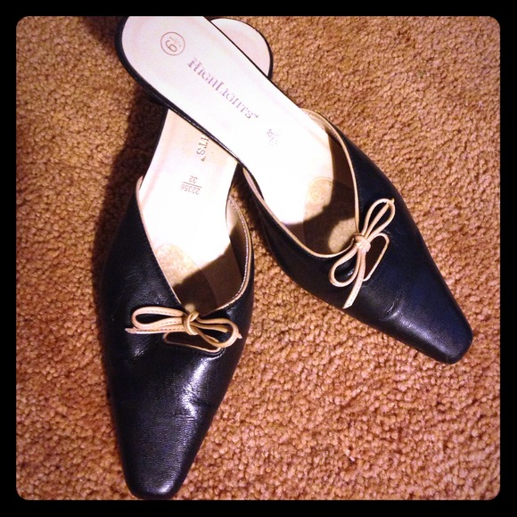 Navy blue and beige open back kitten heels