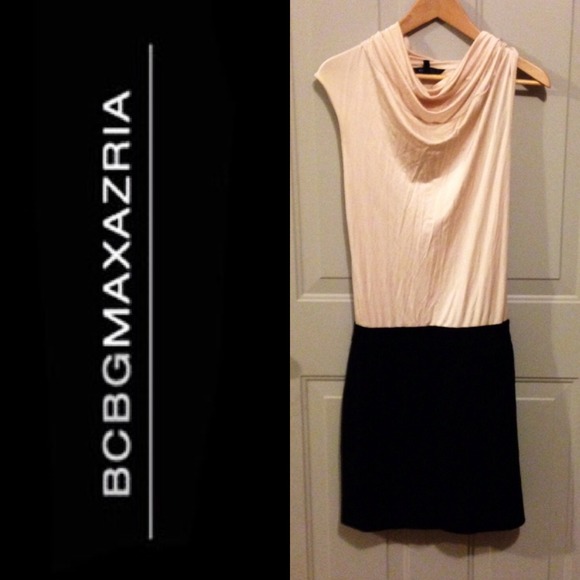BCBG asymmetrical neckline cream & black dress