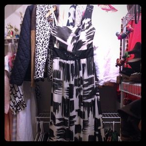One shoulder black and white evening gown