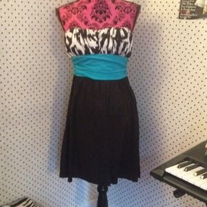 Strapless black, white and teal dress