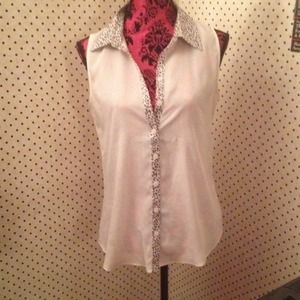 White sheer top with cheetah neckline