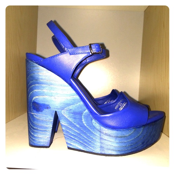Zara Blue Platform Wooden Block Sandal Sz 37/6.5!!