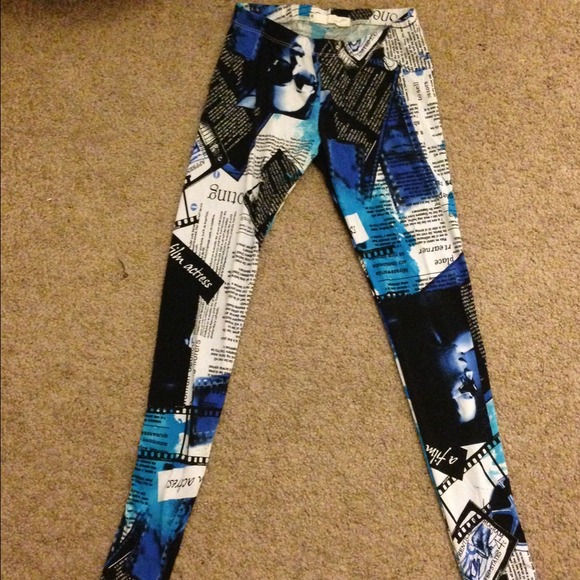 Blue/Black Newspaper Print Tights
