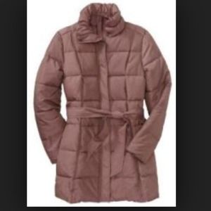 Puffy old navy coat with scarf.