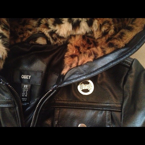 SOLD-Obey Leather Jacket w/ Leopard Faux Fur Hood - Picture 2 of 2