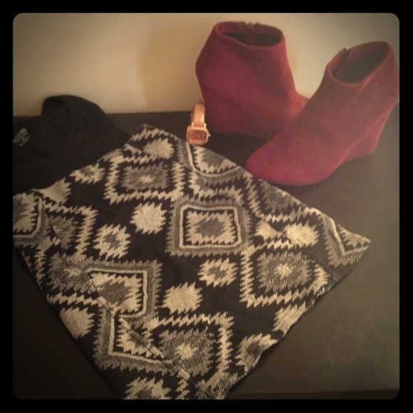 Maroon Booties, Aztec skirt and black dress