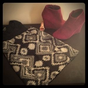 Maroon Booties, Aztec skirt and black dress