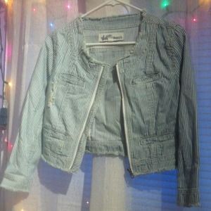 Striped blue and white denim like material jacket