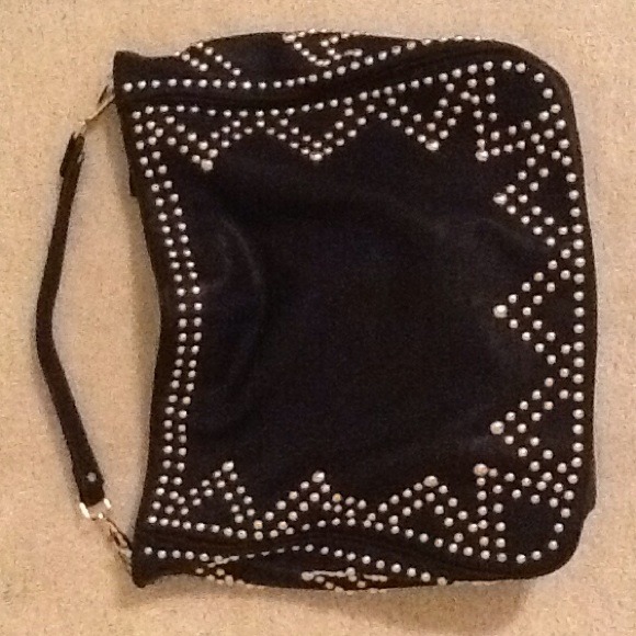 Black leather couture purse with gold beading.
