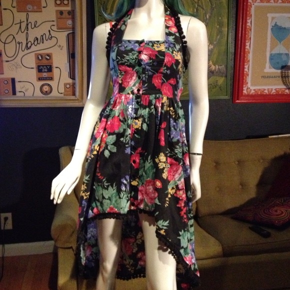 SOLD Floral Halter Hi Low Dress w PomPoms $10 PP