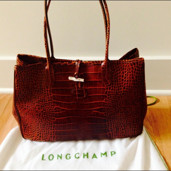 SOLD Longchamp Brown Leather Croc LongTote Bag