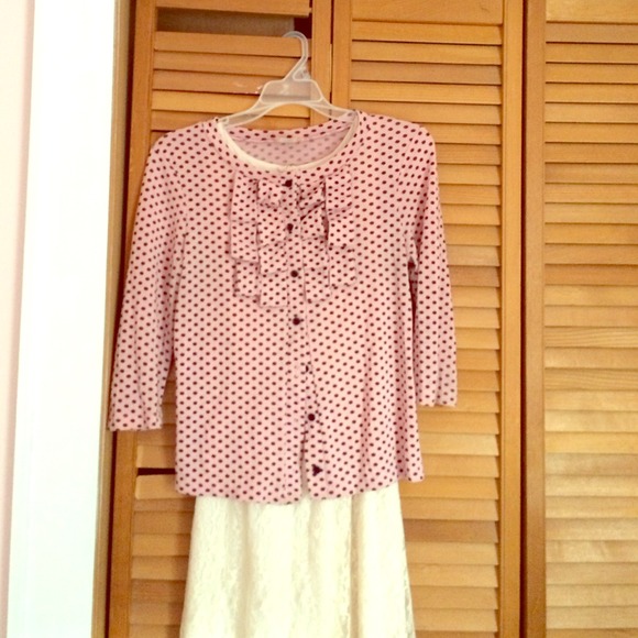 Pink ruffle front cardigan with brown Polk a dots