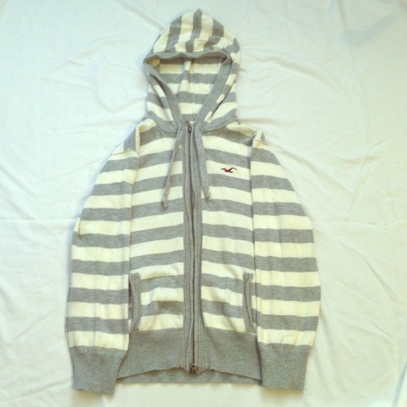 Hollister Cropped Hooded Zip Up Striped Sweater