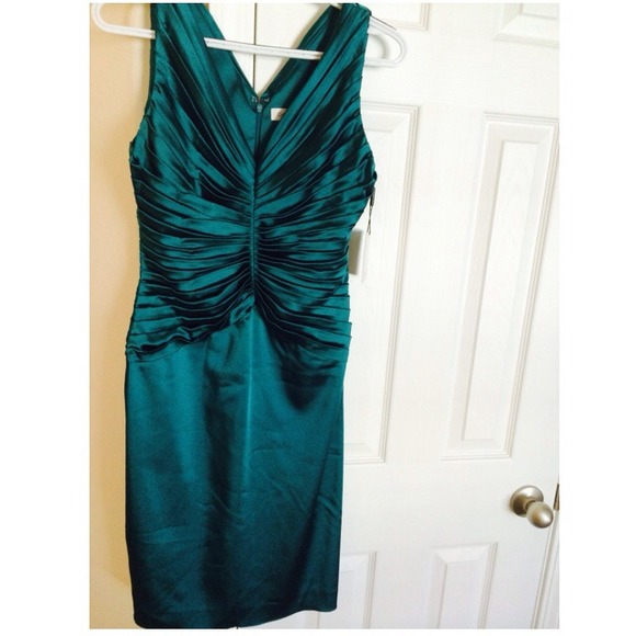 Teal sexy silk dress and ruche from front to back.