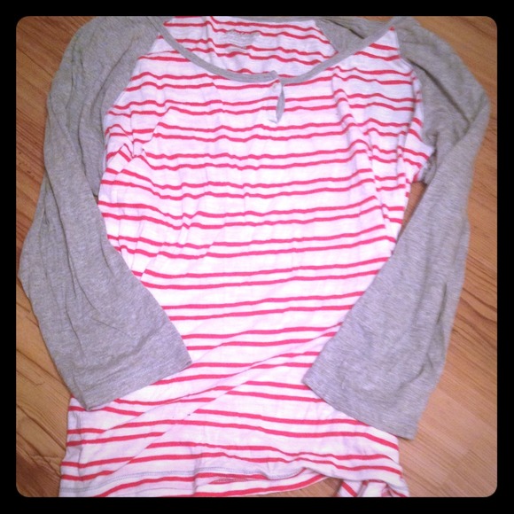 Red and white stripped shirt with gray sleeves