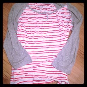 Red and white stripped shirt with gray sleeves