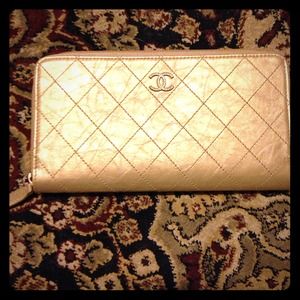 CHANEL QUILTED ZIP AROUND METALLIC GOLD WALLET