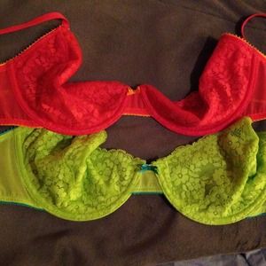 Neon green and coral bras