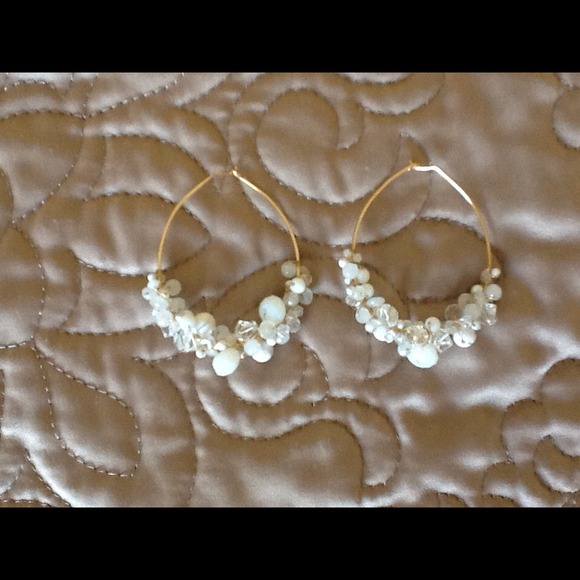 Large gold filled moonstone, jade hoop earrings
